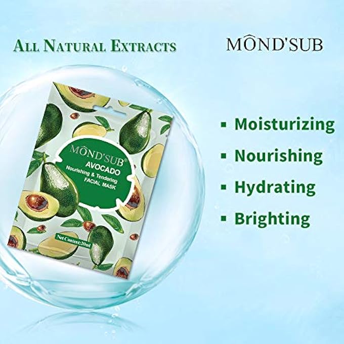 Mond'sub [12 P]AVOCADO OIL FACIAL MASKS-BEST SHEET MASK FOR DRY SKIN-DEEPLY NOURISHING&MOISTURIZING- MAKE SKIN SOFT&CLEAR-EVERY SKIN CONDITION DAY TO DAY SKIN CONCERNS-BOTH MEN&WOMEN - Image 2